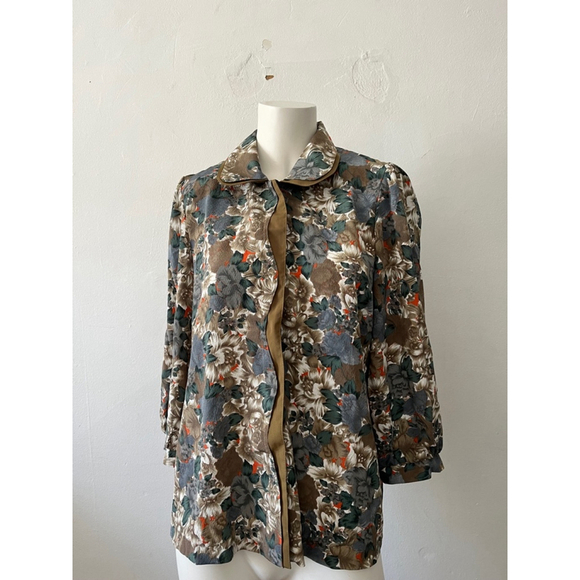 Vintage 80s Brown & Green country Floral blouse jacket blazer - Picture 1 of 8
